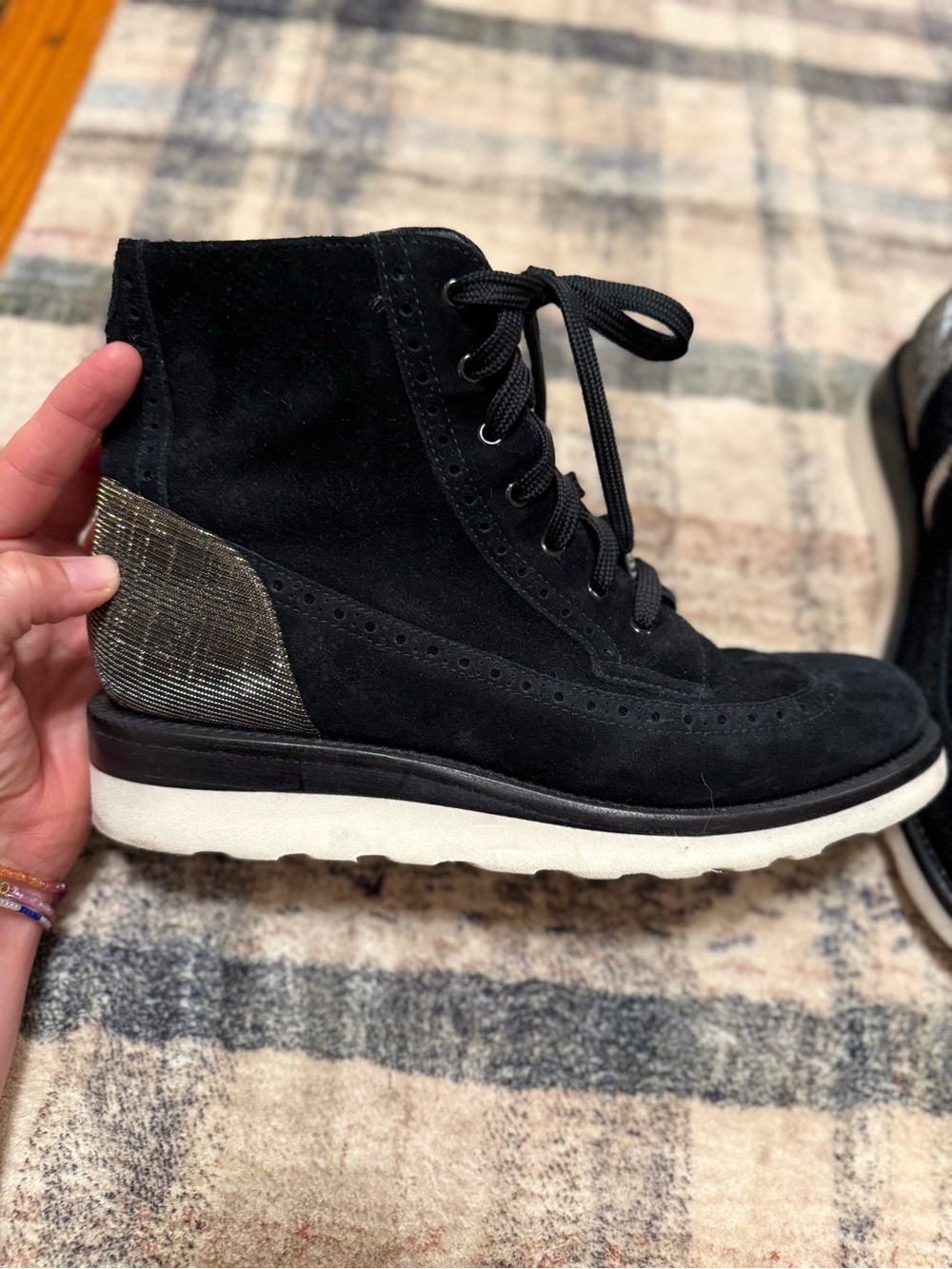 The Office Of Angela Scott Mr. Harrison Suede Boot Black Metallic Heel Size 8.5